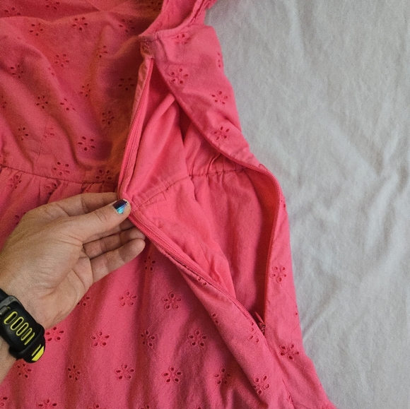 J. Crew Vibrant Pink Eyelet Tiered Skirt Vneck Ruffle Sleeveless Midi Dress - Picture 5 of 12